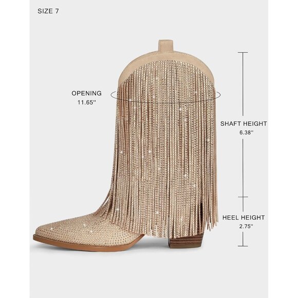 Women's Beige Cowgirl Rhinestone Wide Calf Pointed Toe Chunky Stylish Heel Boot - Picture 5 of 6